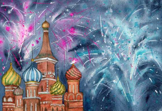 Festive fireworks in Moscow. New year's night. Original watercolor artwork.