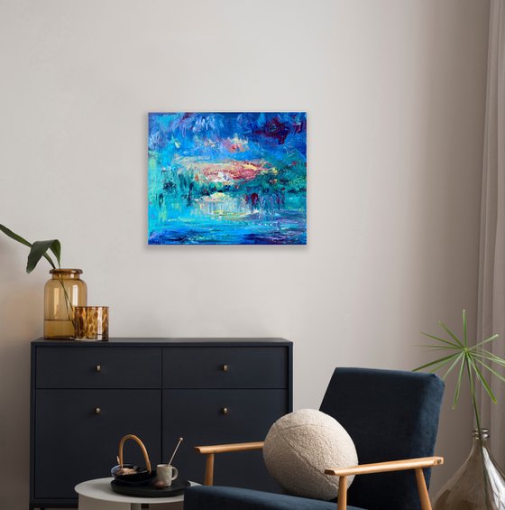 Sunset - Explosion of color, 50*60cm, abstract impressionistic landscape oil painting with a bit texture