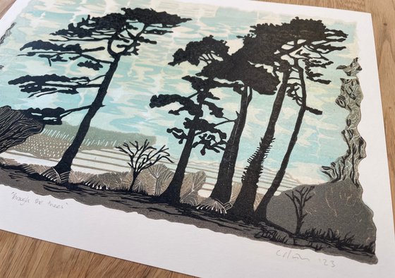 Through the trees - Tree line Linocut Print