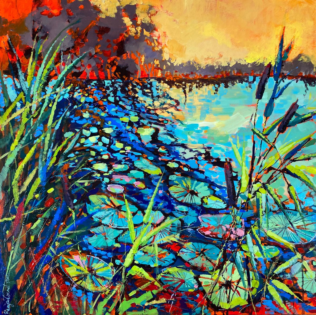 Impressionistic Landscape Acrylic Painting By Irina Rumyantseva, 40 X 40, Sunset Lake, Original Artwork