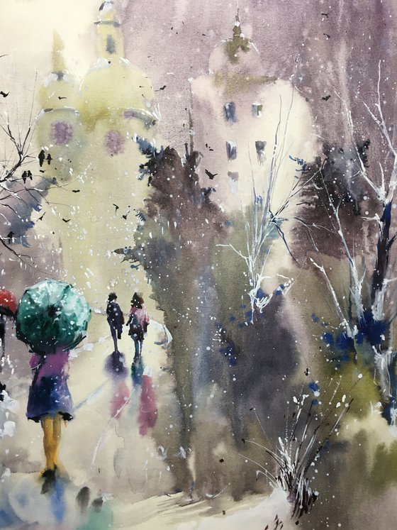 Sold Watercolor “On the way to the church” perfect gift