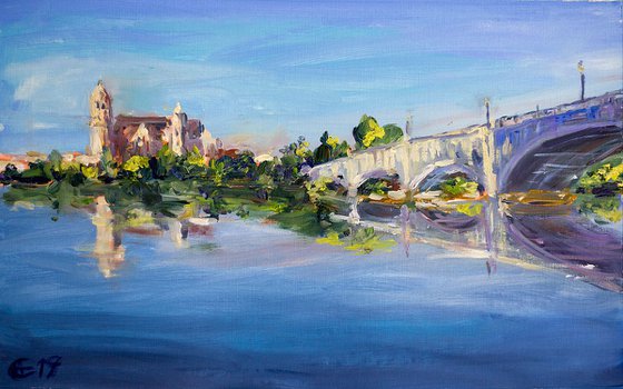 Salamanca, view from the river. Original oil painting. Spain medium size painting on of a kind blue river reflection bridge landscape impression