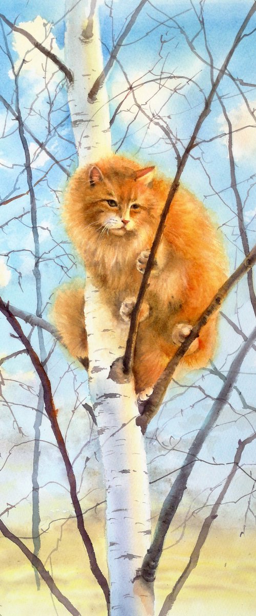 Fluffy Ginger Cat by Olga Beliaeva Watercolour