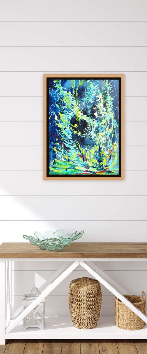 Abstract Landscape Painting. Floral Forest. Abstract Tropical Flowers and Birds. Original Blue Teal Green Painting on Canvas. Modern Impressionism Art by Sveta Osborne