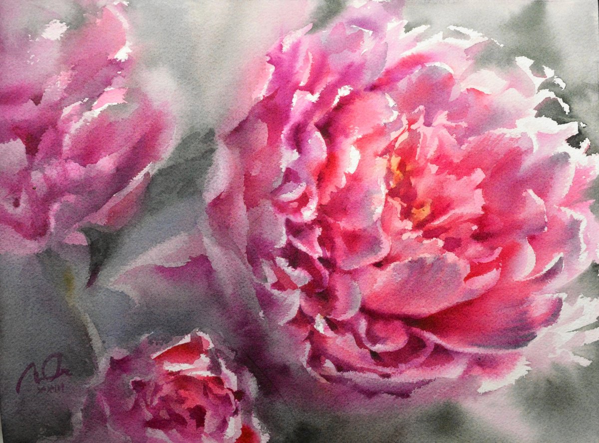 Impressionistic Botanical Watercolour By Lida Duchnewitsch, 12 X 9", Pink Peony, Original Artwork