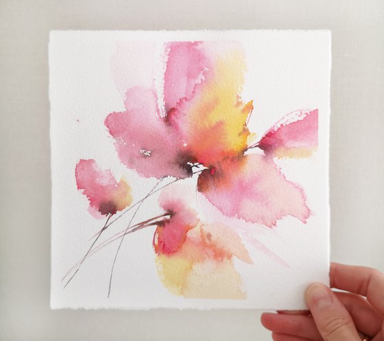 Abstract pink flower painting, small watercolor art