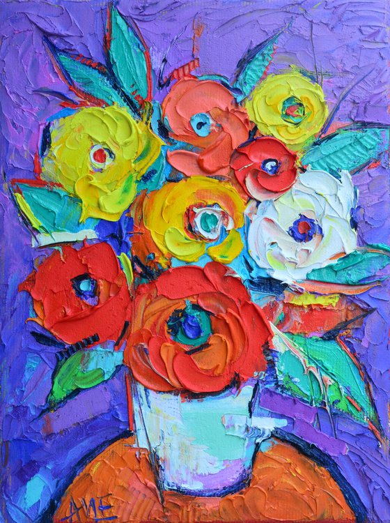 ABSTRACT COLOURFUL WILD ROSES ON PURPLE textural impressionist impasto palette knife oil painting by Ana Maria Edulescu contemporary floral art