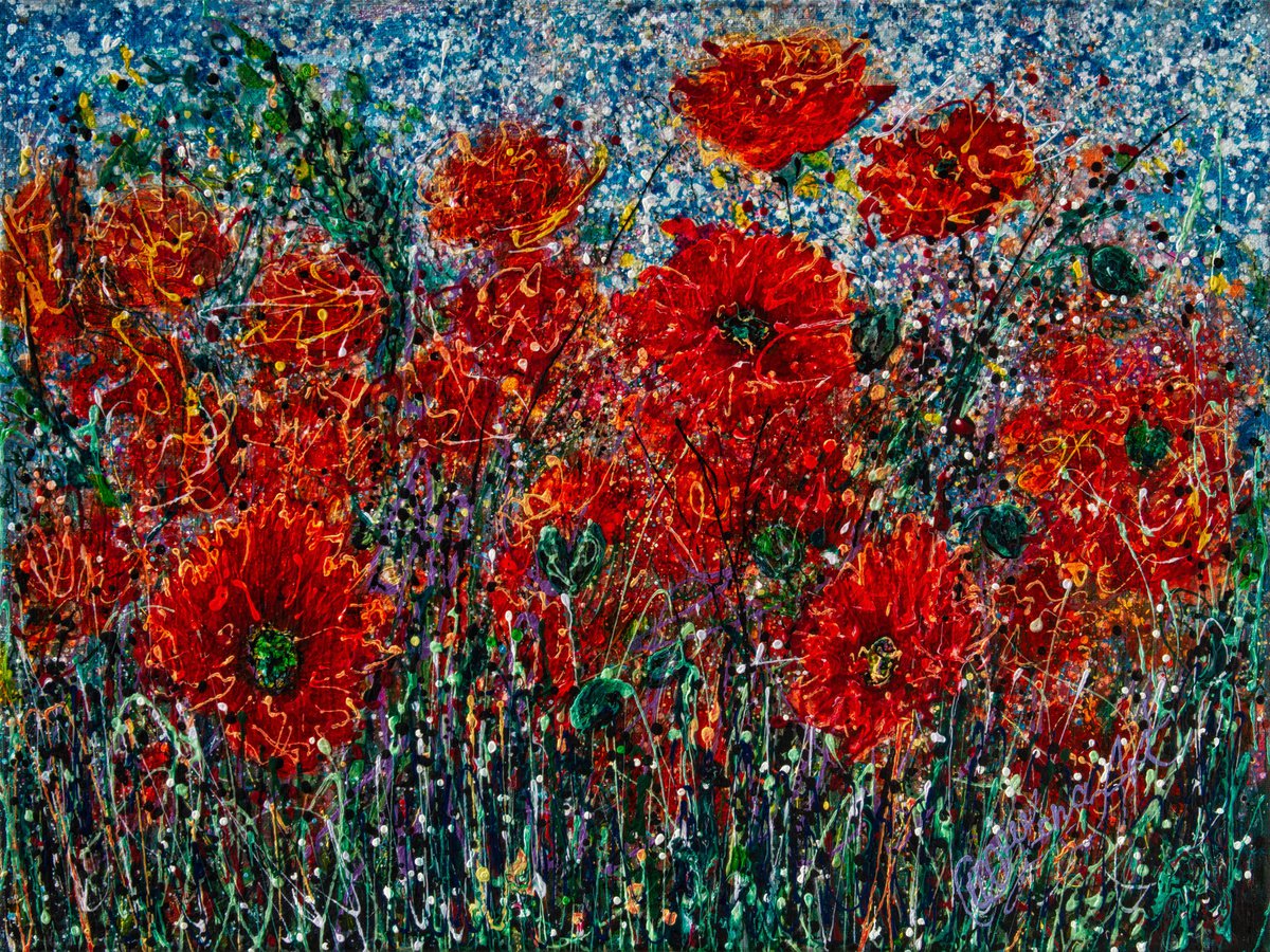 Wild Poppy Field Against the Sky #1 Pollock Inspired Painting by OLena Art - Lena Owens