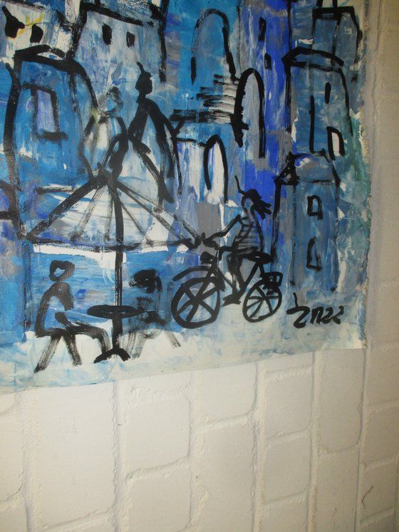 blue italian city, tuscany xxl on canvas, not stretched