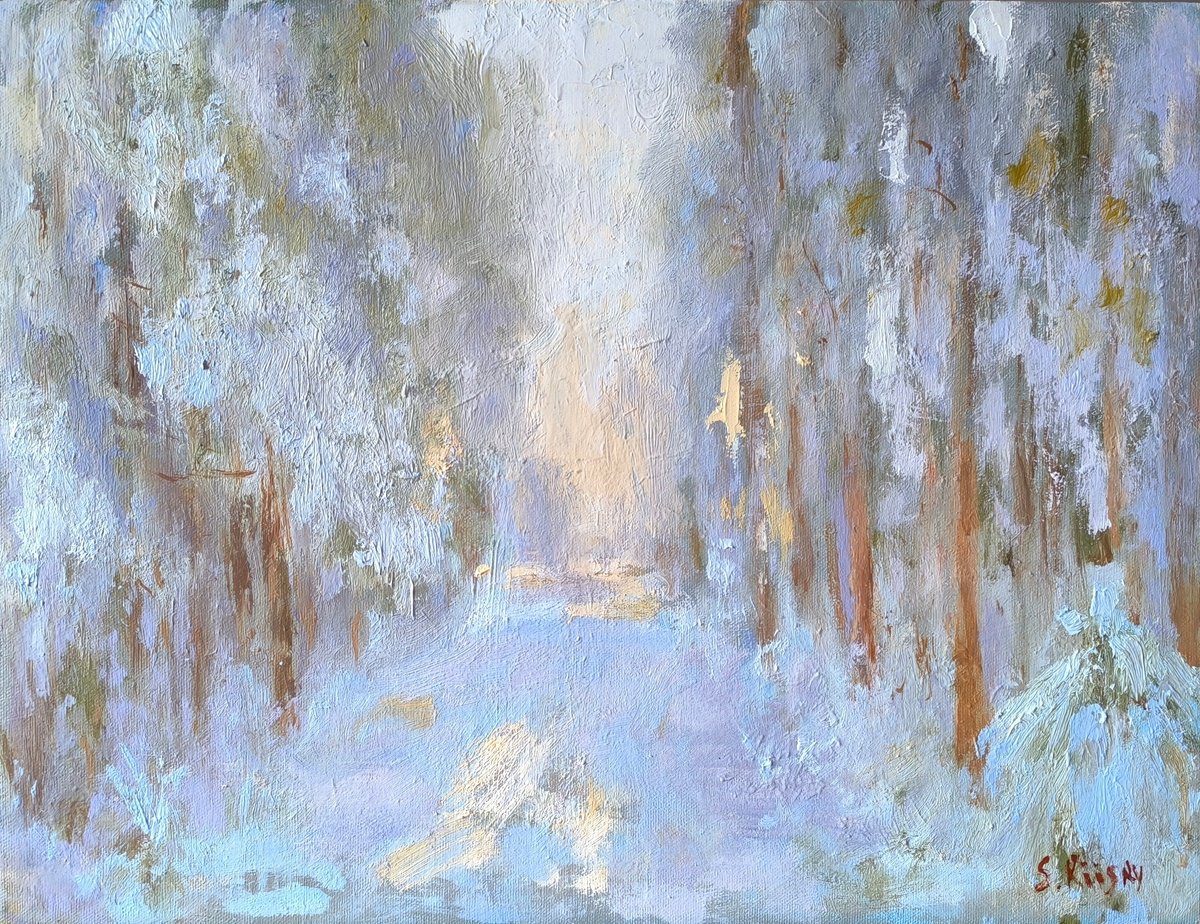Impressionistic Landscape Oil Painting By Svetlana Grishkovec-Kiisky, 16 X 12", Winter Forest, Original Artwork