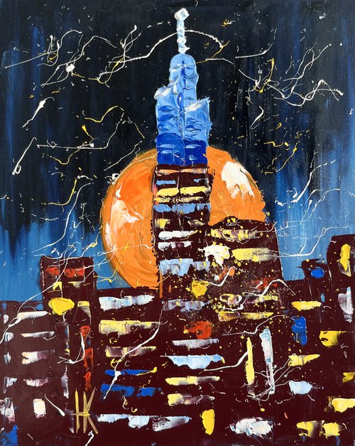 New York Moon - original oil impasto painting by Halyna Kirichenko