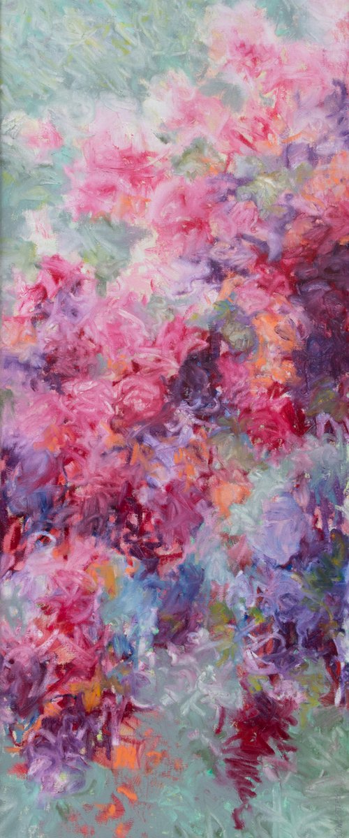 Pink and mint floral Monet inspired in green, celadon, turquoise, and orange soft muted colours by Fabienne Monestier