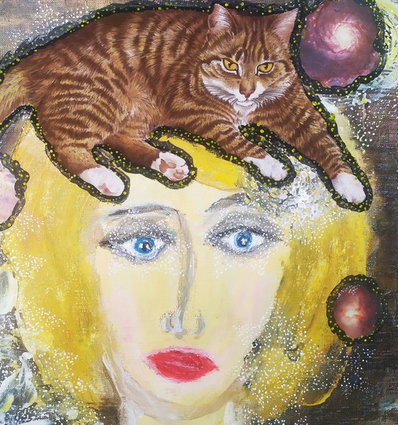 Portrait of young woman with Lady cat
