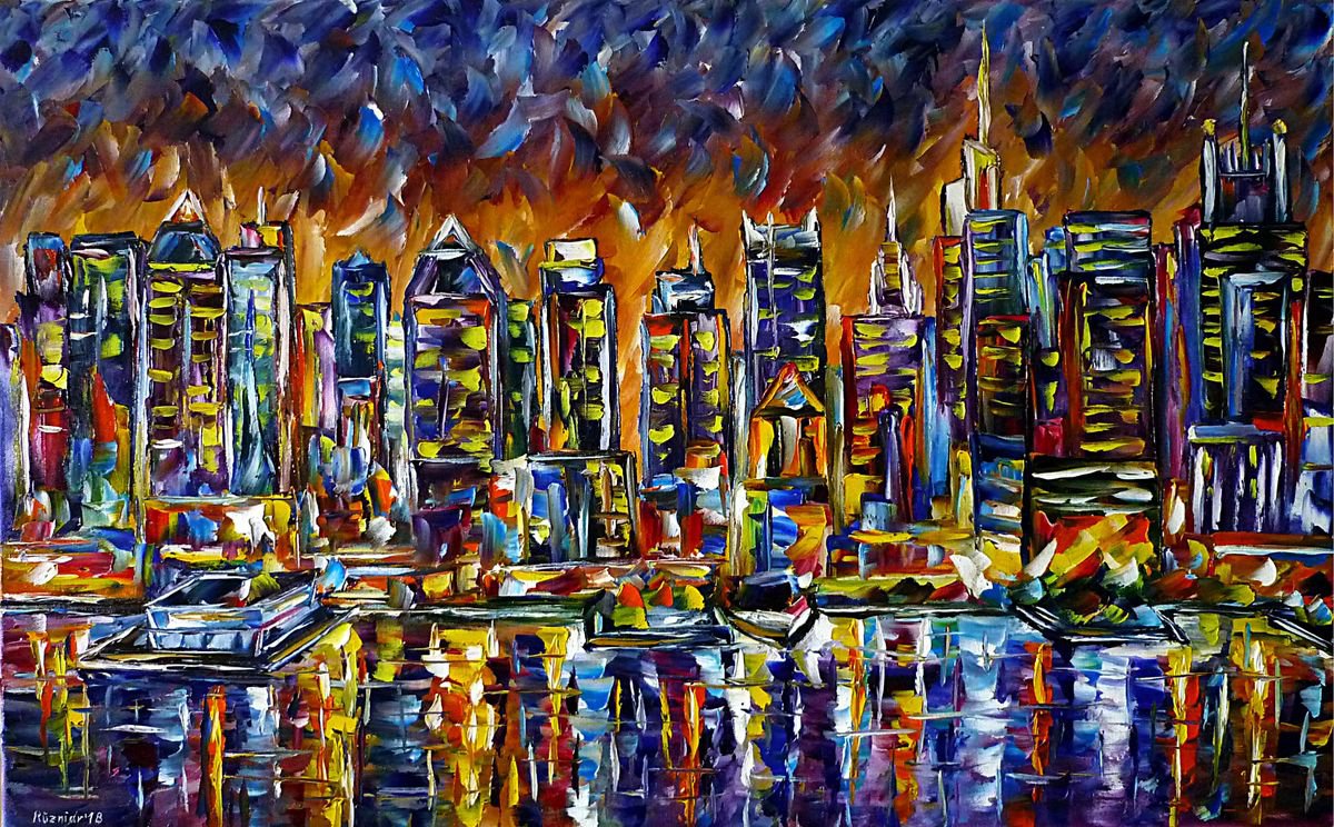 Expressive Cityscapes Oil Painting By Mirek Kuzniar, 31 X 20", Manhattan, Skyline, Original Artwork