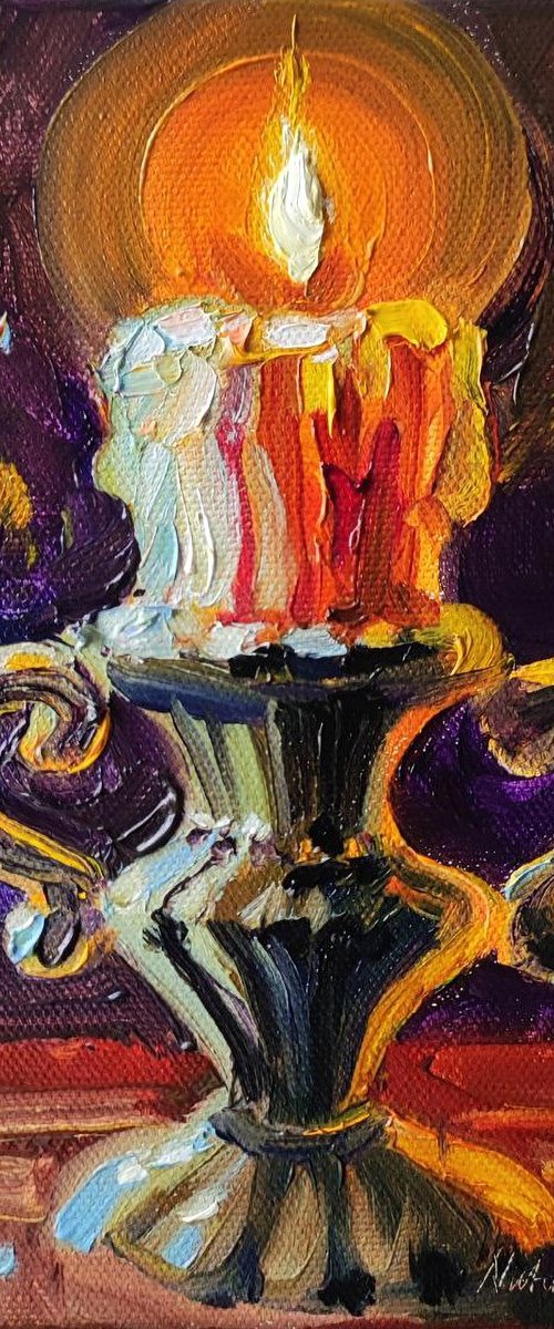 Burning candle Original oil painting 6x8'' by Natalia Miasnikova