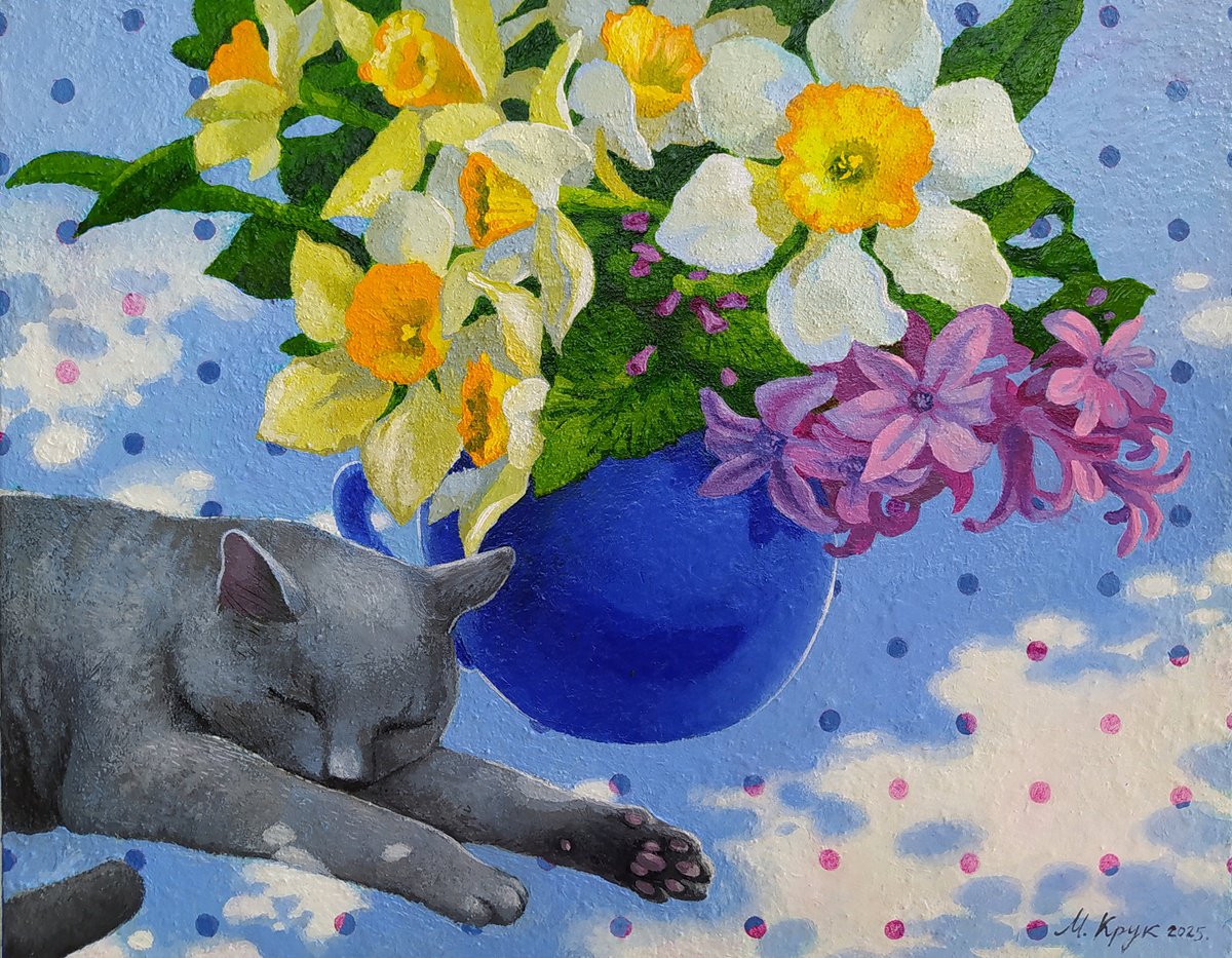 Still Life Acrylic Painting By Margot Raven, 18 X 14", Serenity In Shades Of Blue, Original Artwork