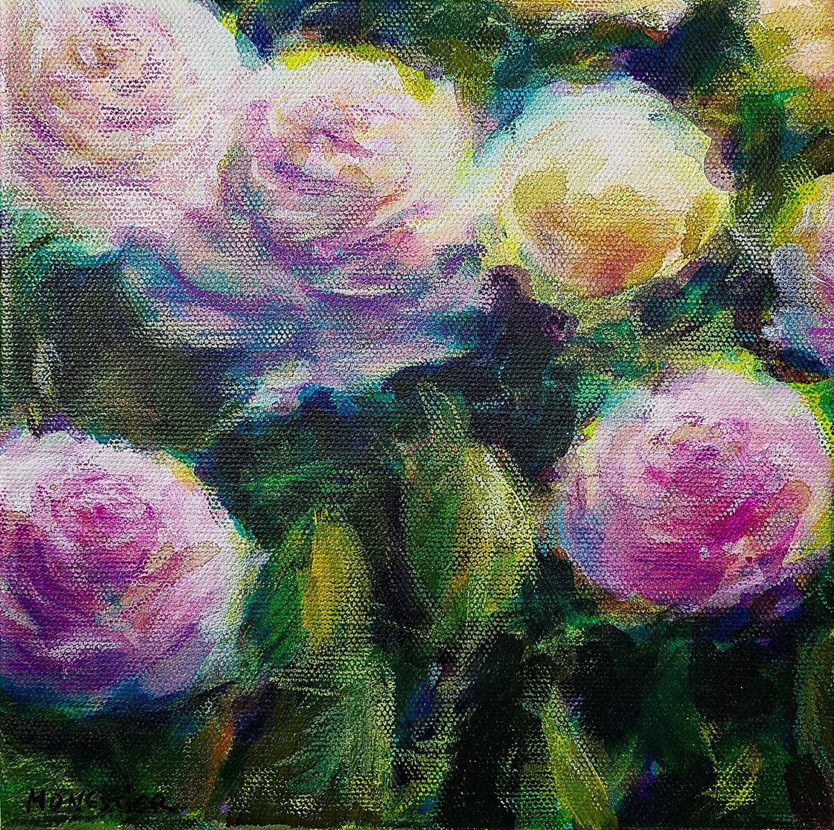 Impressionistic Botanical Painting By Fabienne Monestier, 8 X 8, Luminous Roses, Original Artwork