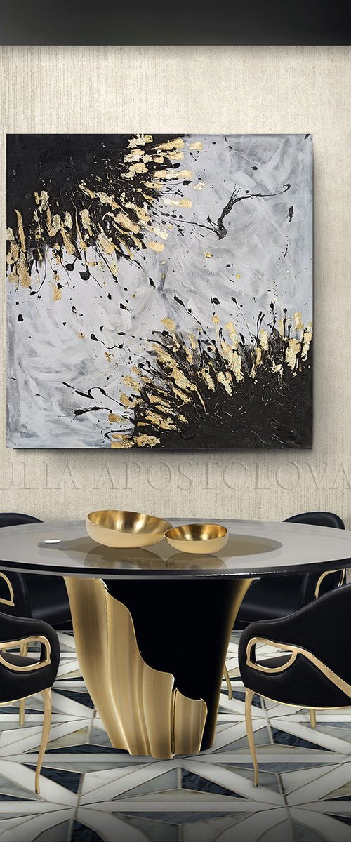 ''Angels Touch'' Extra Large Original Abstract Painting with Gold Leaf, Black White Gold Wall Art by artist Julia Apostolova by Julia Apostolova