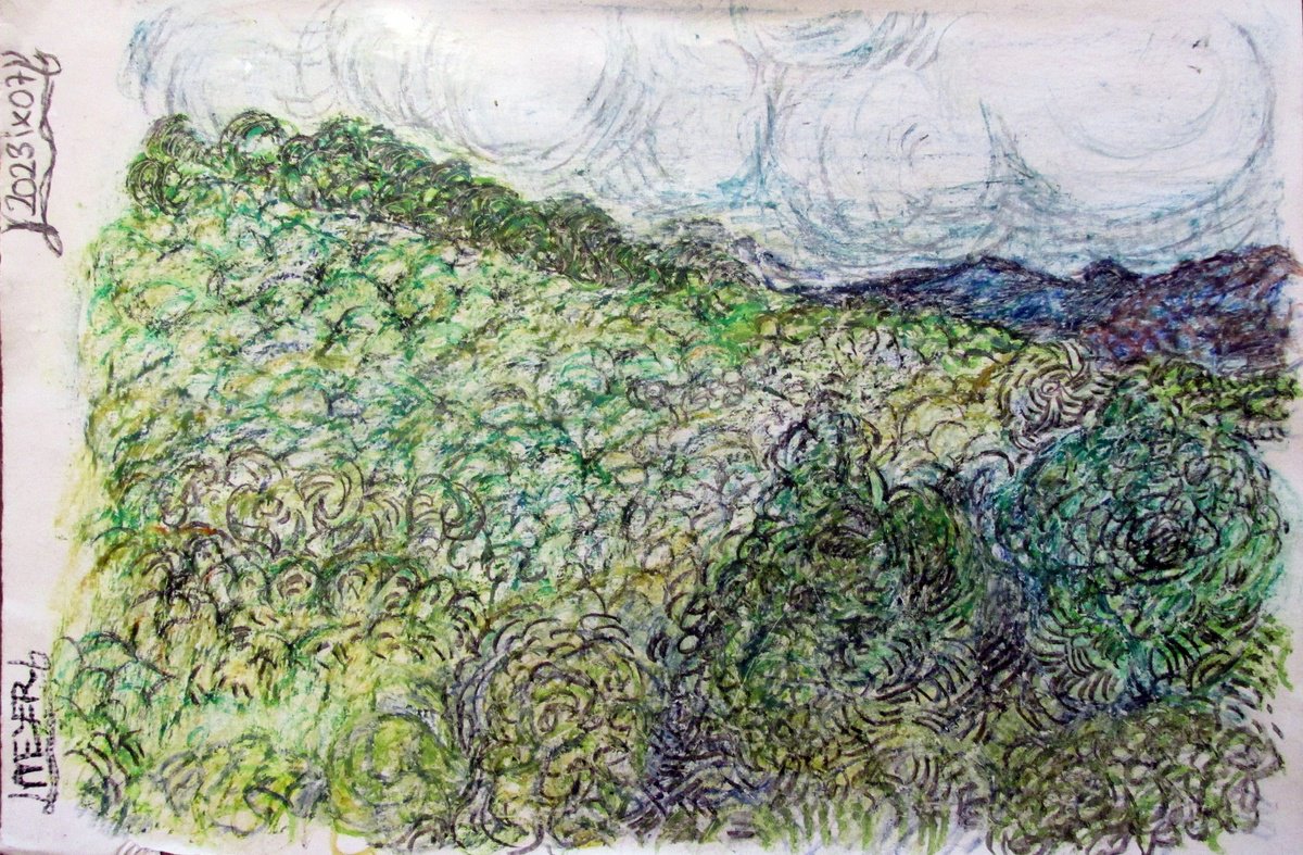 Expressive Landscape Pastel Drawing By Richard Meyer, 14 X 10", Study Of Hillside, Original Artwork