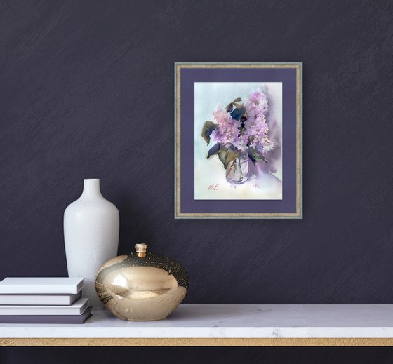 Lilac branch in a glass, Watercolor spring