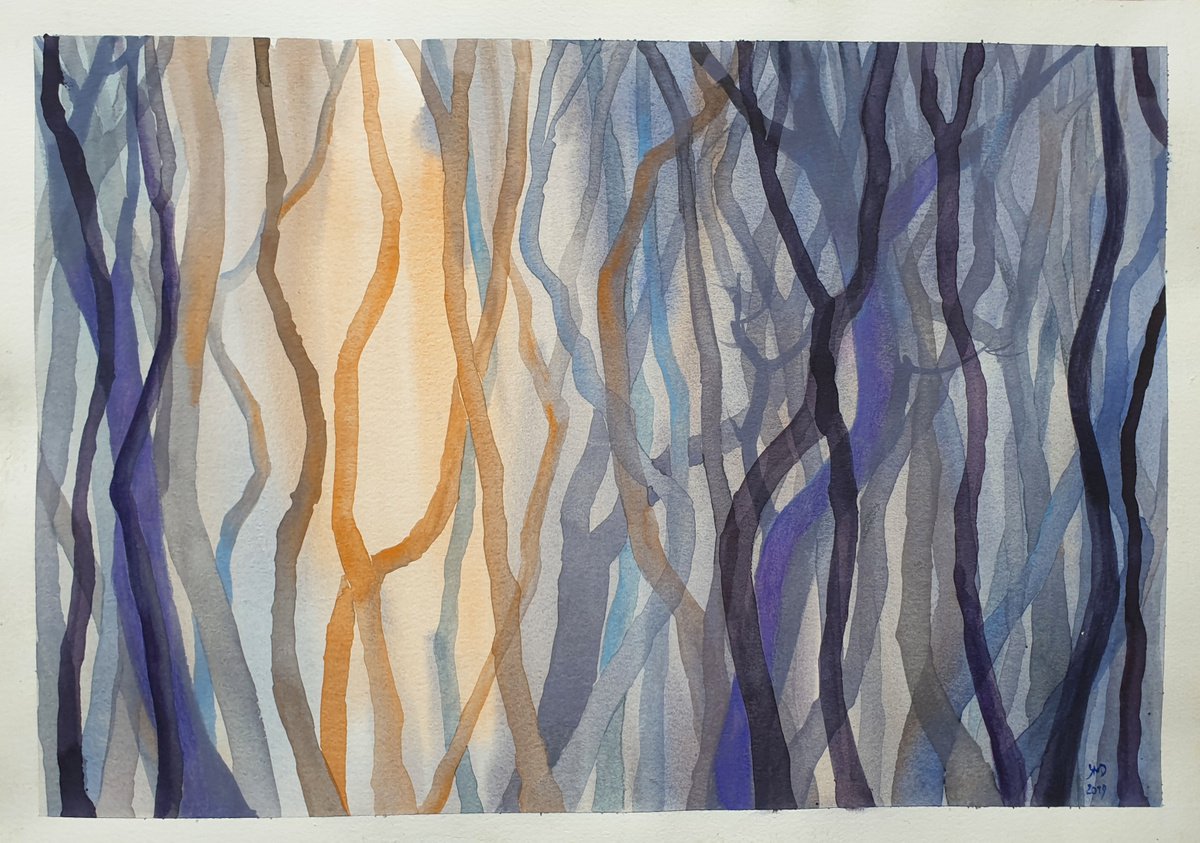 Surrealistic Landscape Watercolour By Ksenia June, 20 X 14", Forest Trees At Dusk, Original Artwork