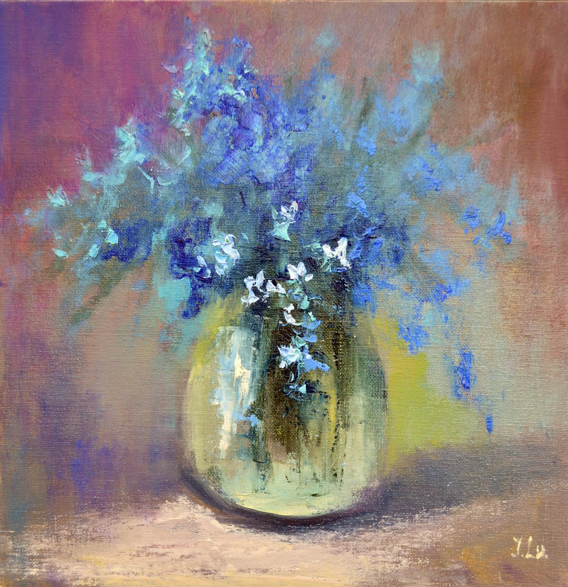Impressionistic Botanical Oil Painting By Elena Lukina, 12 X 12, Forest Spring Flowers Bouquet, Original Artwork