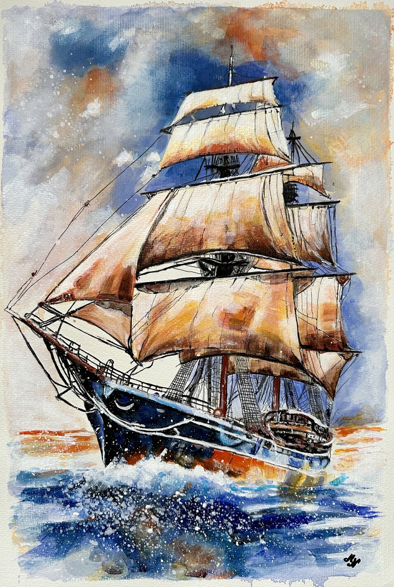 Abstract Animal Acrylic Painting By Misty Lady - M. Nierobisz, 13 X 19", Majestic Sails, Original Artwork