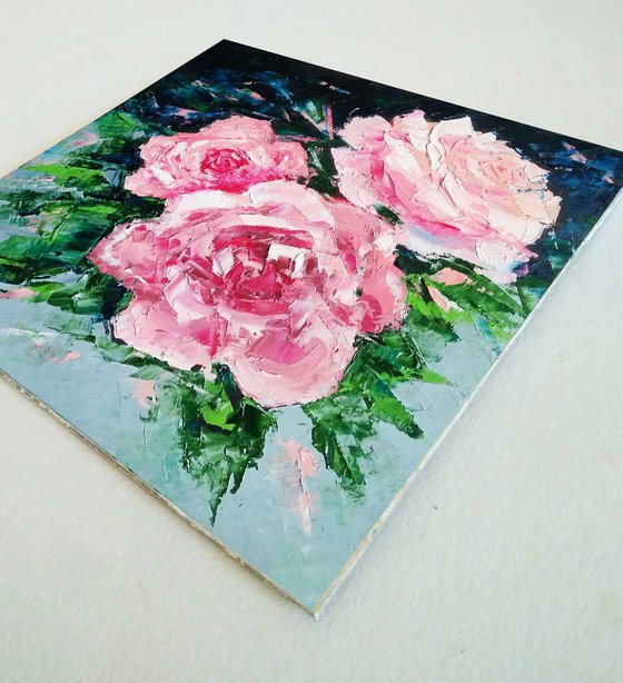 Pink Roses Painting Original Art Small Floral Wall Art Rose Flower Artwork Palette Knife 8 by 8