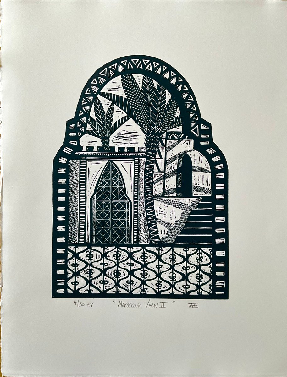 Cityscapes Linocut By Alison Headley, 13 X 16, Moroccan View Ii, Original Artwork