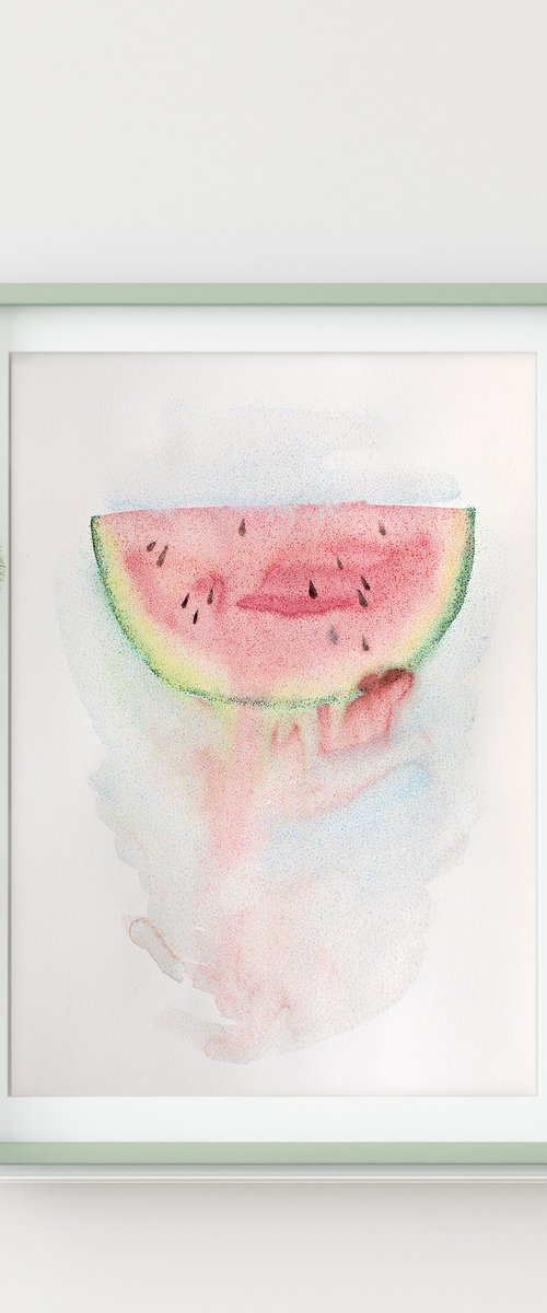 Watercolor slice of watermelon with beautiful detailed texture by Liliya Rodnikova