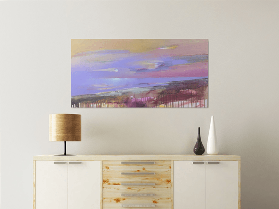 Bright horizontal painting - "Violet sunset" - Landscape - Expressionism - Seascape - Sunset