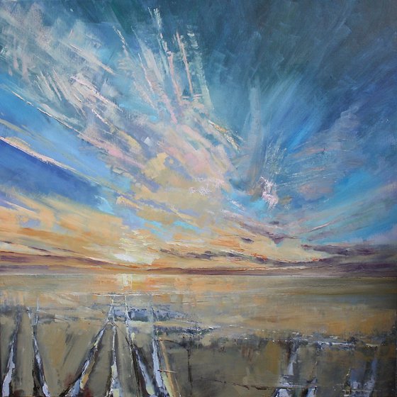 Big Sky Beach at Sunset (Large Oil Painting approx 30"x30")