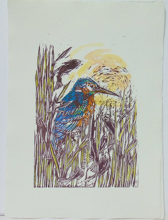 Kingfisher linocut, A3
