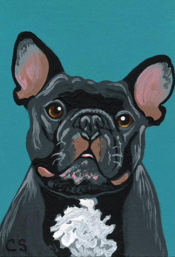 ACEO ATC Original Miniature Painting Black French Bulldog Pet Dog Art-Carla Smale