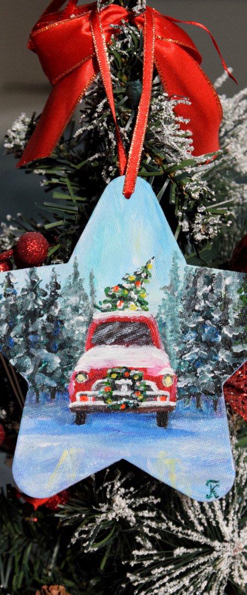 Personalised Christmas ornaments, original acrylic painting, hand painted bauble, tree red truck car by Kate Grishakova