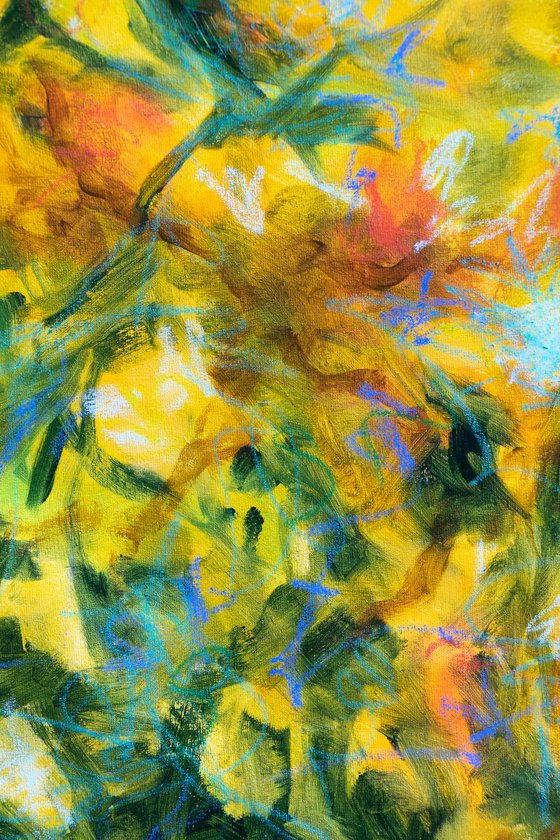 "Floral fantasy" - oil painting yellow - orange green turquoise blue - floral - flower - decorative original - home interior design