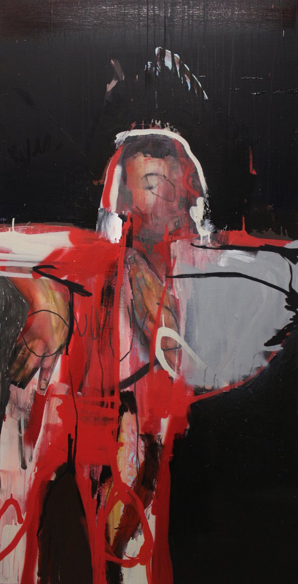 Expressive Portrait Oil Painting By Milos Hronec, 28 X 55", Night, Original Artwork