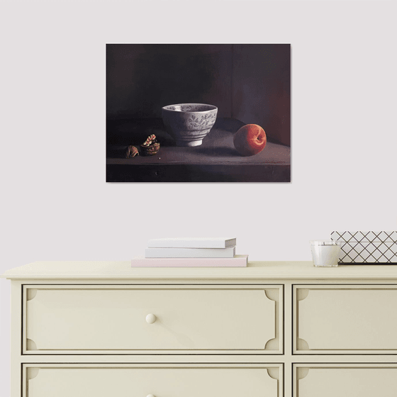 Grisaille Still Life: Peach and Walnuts