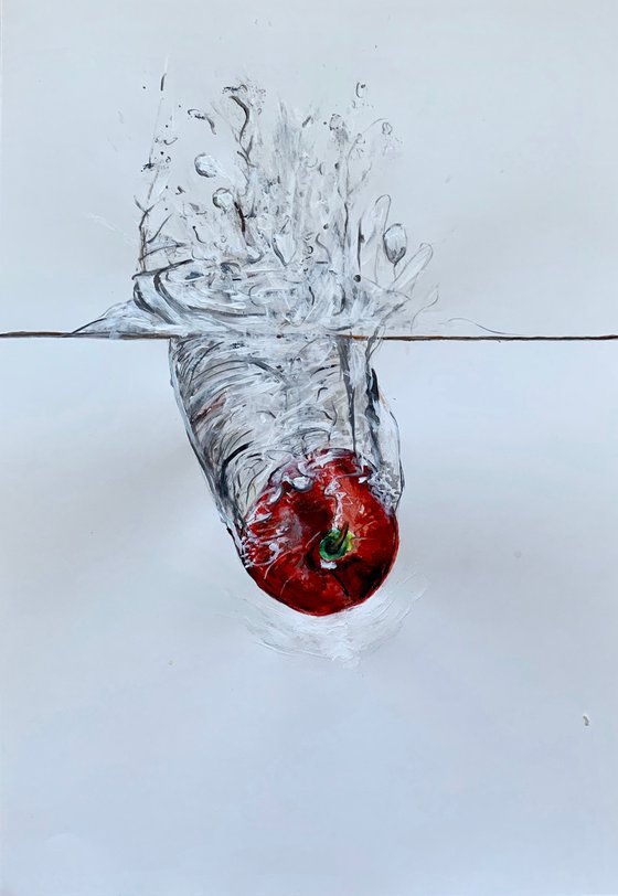 Red Apple Falling through Water Acrylic Painting Realistic Water Artwork On Paper Home Decor Gift Ideas