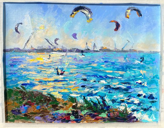 Kitesurfing - Сatch before sunset, 47*37cm, impressionistic oil impasto landscape painting
