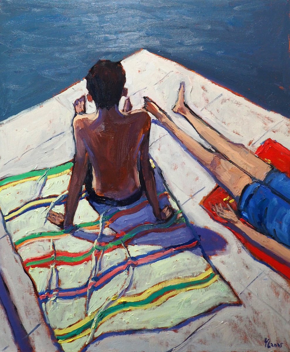 Impressionistic Landscape Oil Painting By Yuanyuan Liu, 21 X 26", Boys On The Pier, Original Artwork