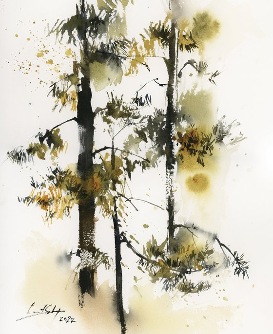 Pine Trees Landscape Watercolor Painting