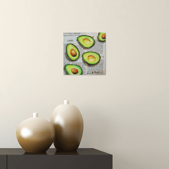 "Avocadoes on Newspaper" Original Acrylic on Canvas Board Painting 8 by 8 inches (20x20 cm)