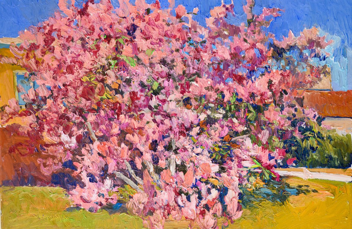 Expressive Botanical Oil Painting By Suren Nersisyan, 36 X 24", Blooming Magnolia Tree, Original Artwork