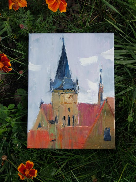 Walk in Bardejov . Ancient castle of Slovakia . Original plain air oil painting