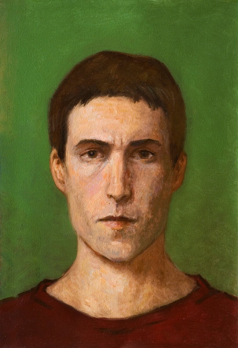 Impressionistic Still Life Oil Painting By Olivier Payeur, 11 X 15", Selfportrait In Green, Original Artwork