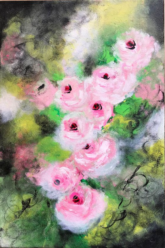 Vintage Pink Roses !! Ready to hang !! Abstract !! Floral Painting !!