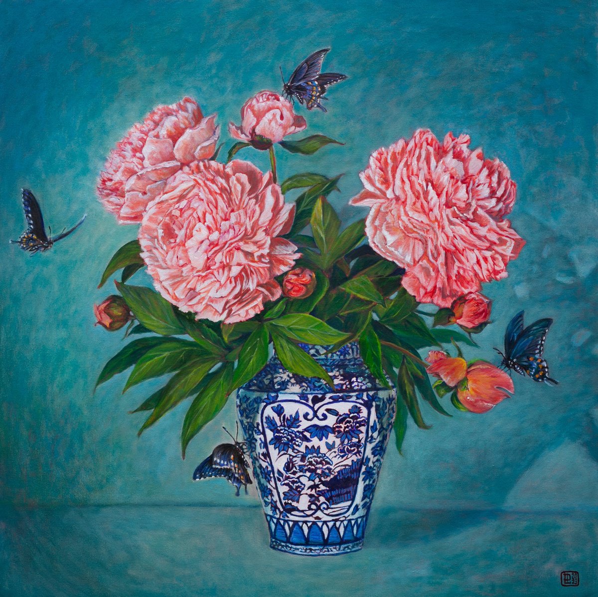 Impressionistic Botanical Oil Painting By Liudmila Pisliakova, 33 X 33", Peonies And Butterflies, Original Artwork