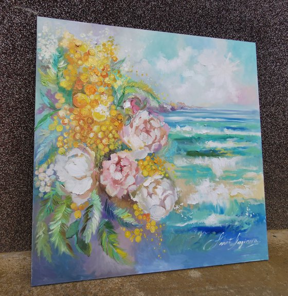 Floral painting with sea, Oean wall art, Flowers original painting