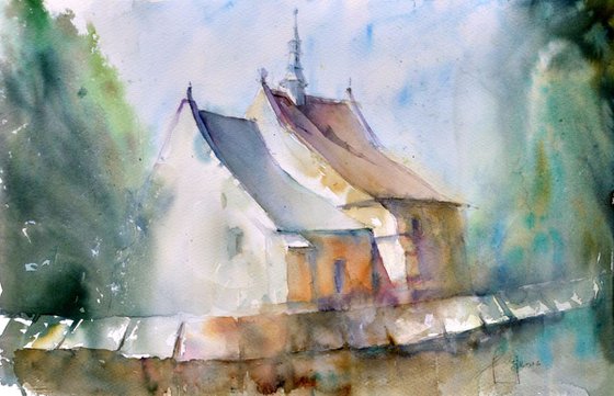 THE HOUSE BEHIND THE FENCE original watercolour 55x36
